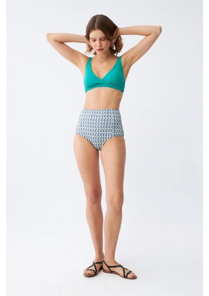 Kadın Yeşil Pedli Geometrik Desenli Yüksek Bel Bikini Takımı
