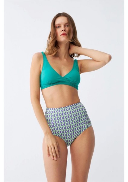 Kadın Yeşil Pedli Geometrik Desenli Yüksek Bel Bikini Takımı fiyatları