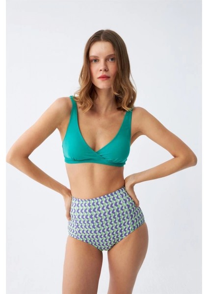 Kadın Yeşil Pedli Geometrik Desenli Yüksek Bel Bikini Takımı indirimleri