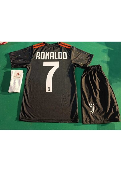 Ronaldo Juventus 7 Özel Tasarım Siyah Çocuk Forma 3 Lü Set. Forma+Şort+Çorap
