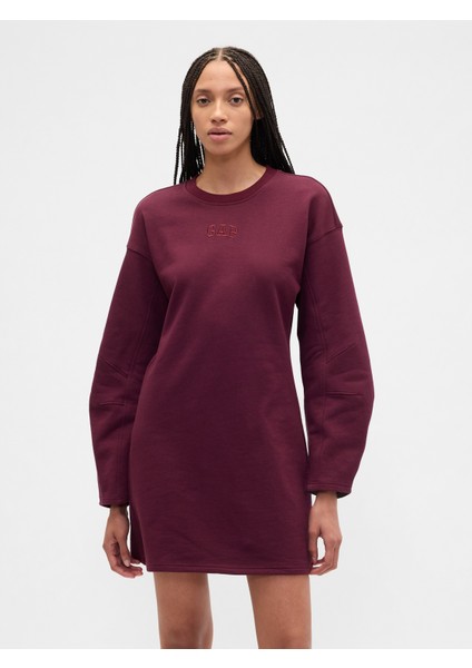 Kadın Bordo Heavyweight Fransız Havlu Kumaş Logo Sweatshirt Elbise