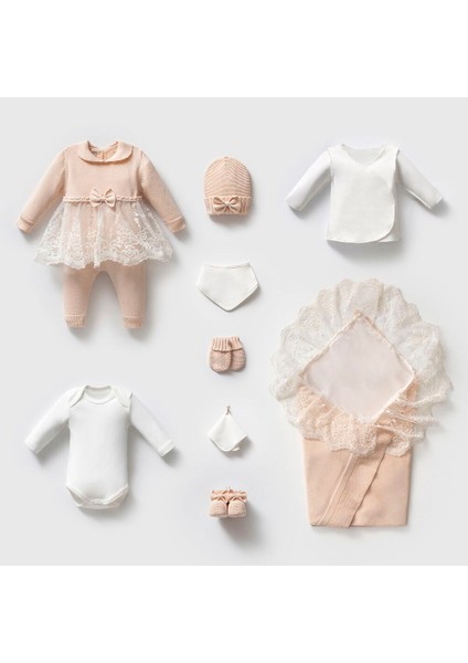 8342N Kız Bebek Dantelli Triko 10'lu Kutulu Naturel Hastane Çıkış Seti
