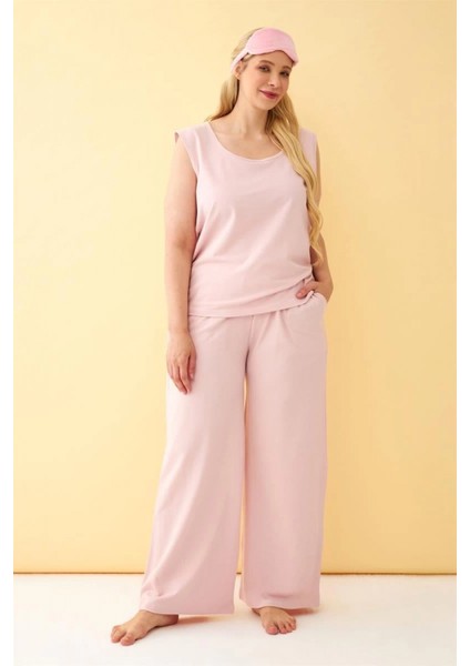 Kadın Pembe Büyük Beden Penye Alt Üst Takım