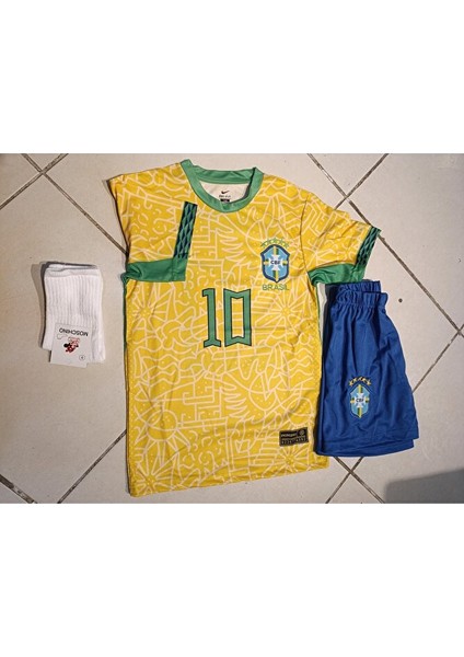 Brezilya Neymar Özel Tasarım Çocuk Futbol Forma 3 Lü Set. Şort+Forma+Çorap fiyatları