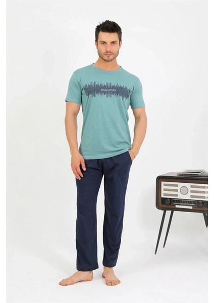 Erkek Pamuk Kısa Kol Pijama Takım Suyeşili