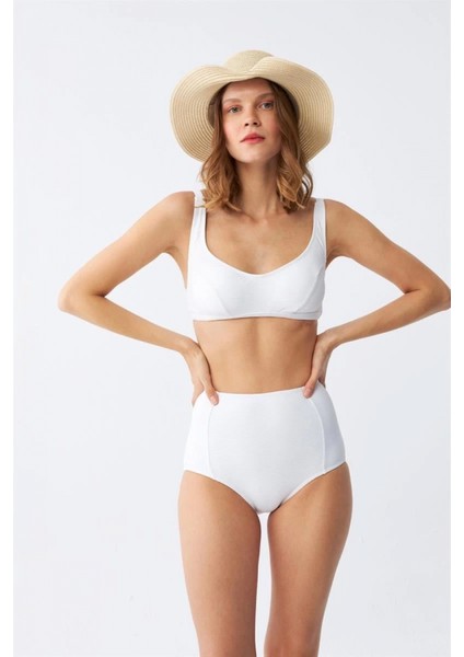 Kadın Basic Beyaz Pedli Yüksek Bel Bikini Takımı