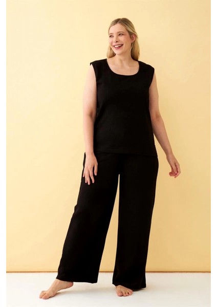 Kadın Siyah Keten Jakarlı Büyük Beden Alt Üst Takım