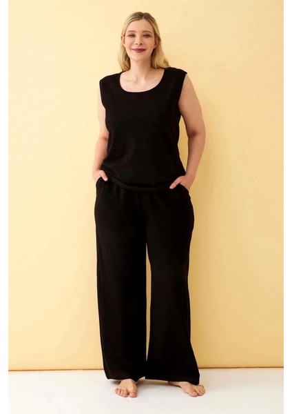Kadın Siyah Keten Jakarlı Büyük Beden Alt Üst Takım fiyatları