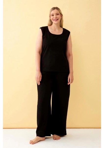 Kadın Siyah Keten Jakarlı Büyük Beden Alt Üst Takım modelleri