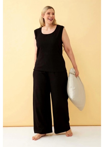 Kadın Siyah Keten Jakarlı Büyük Beden Alt Üst Takım fırsatları