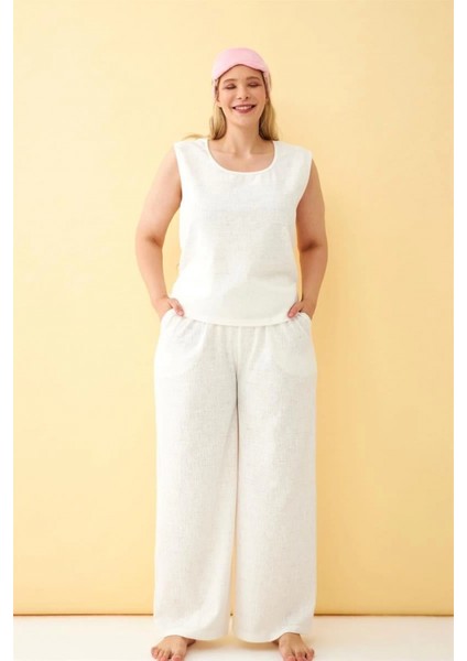 Kadın Ekru Keten Jakarlı Büyük Beden Alt Üst Takım