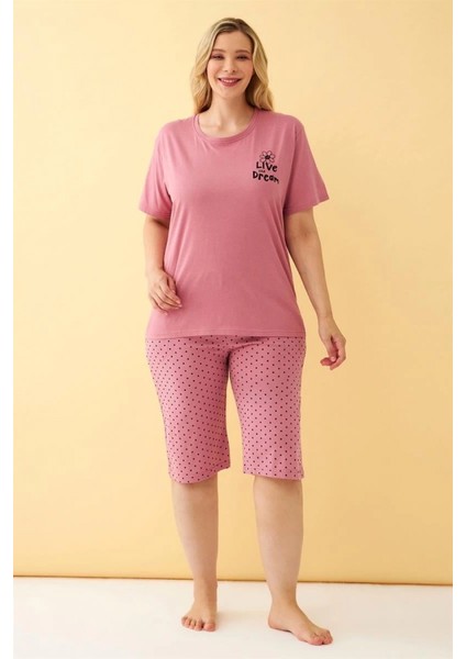 Kadın Somon “live The Dream” Yazılı Büyük Beden Kapri Pijama Takımı