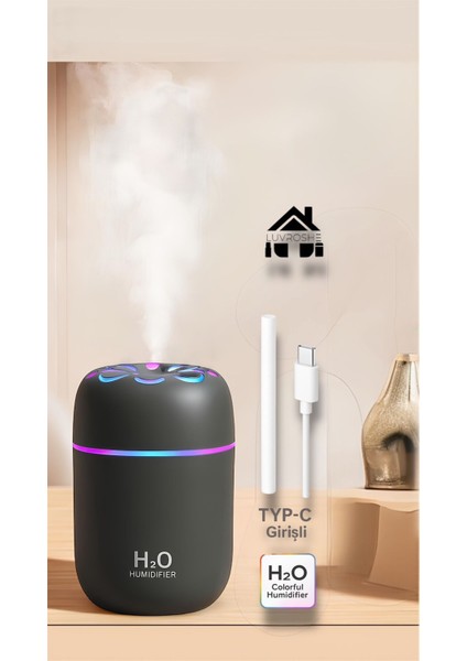 Yeni H2O Çiçek Desenli +1 Flitre ve +1 Koku Hediyeli Hava Nemlendicirisi Gecel Lambası Ortam Hava Yumusatıcı Humudifier Hava Nemlendirici Buhar Makinası 250 ml