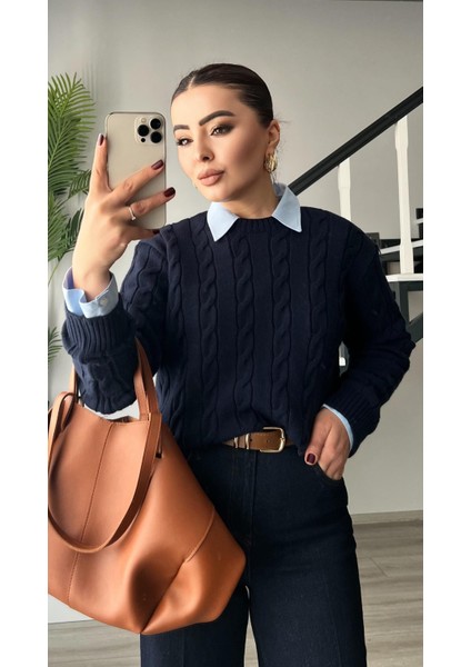 Lacivert Saç Örgü Kazak