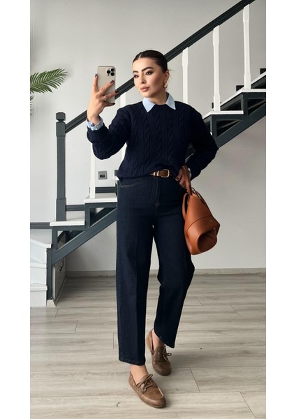 Lacivert Saç Örgü Kazak fırsatları