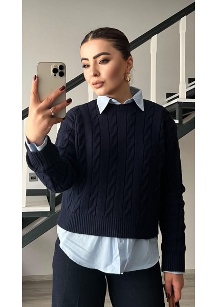 Lacivert Saç Örgü Kazak indirimleri