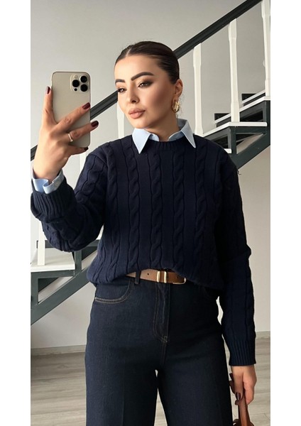 Lacivert Saç Örgü Kazak