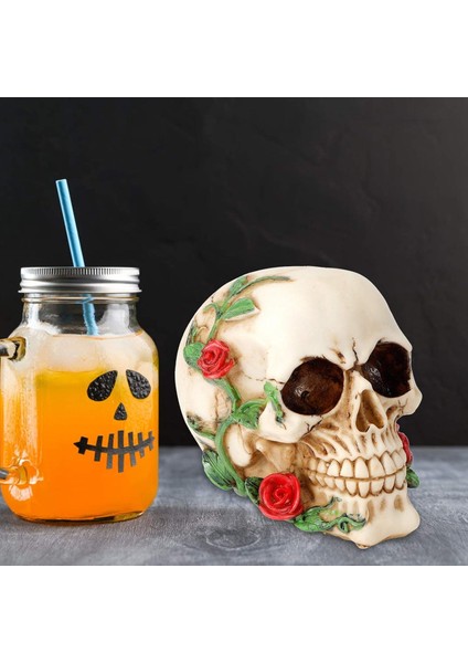 Gotik Dizayn Gül Desenli Kafatası Biblo Dekoratif Kurukafa Heykel Cadılar Bayramı Ev Ofis Süs Eşyası fiyatları