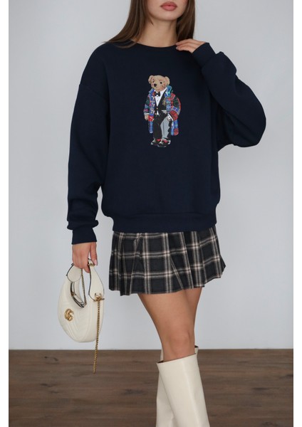 Lacivert Teddy Desenli Şardonlu Sweatshirt