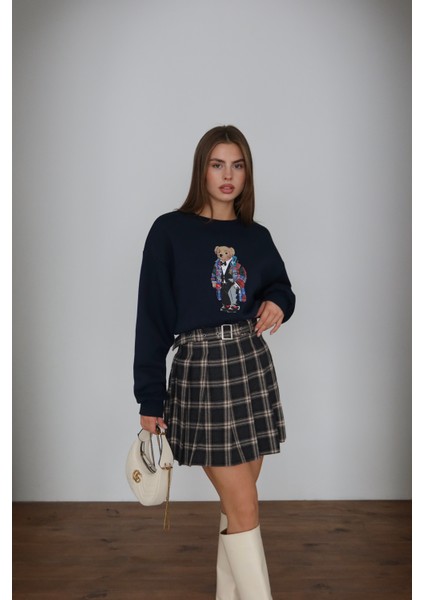 Lacivert Teddy Desenli Şardonlu Sweatshirt modelleri