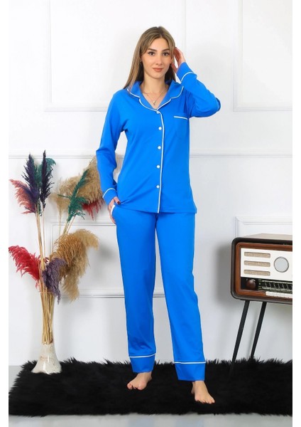 Kadın Pamuk Penye Önden Düğmeli Uzun Kol Saks Pijama Takım modelleri