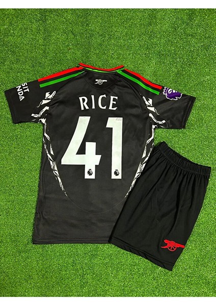 Arsenal 2025 Declan Rice Deplasman Siyah Çocuk Forması Şort Çorap Bileklik Hediyeli