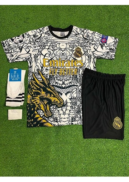 Real Mâdrîd Ejderha Desenli Ardâ-Gülêr 15 Özel Konsept Çocuk Forması 4'lü Set (Black-White) fiyatları
