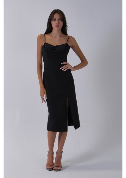 Siyah Ip Askılı Yırtmaç Detaylı Midi Boy Abiye 0801078.01