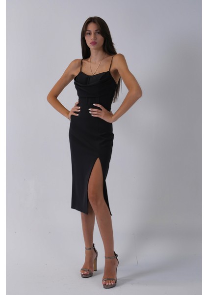 Siyah Ip Askılı Yırtmaç Detaylı Midi Boy Abiye 0801078.01 fiyatları