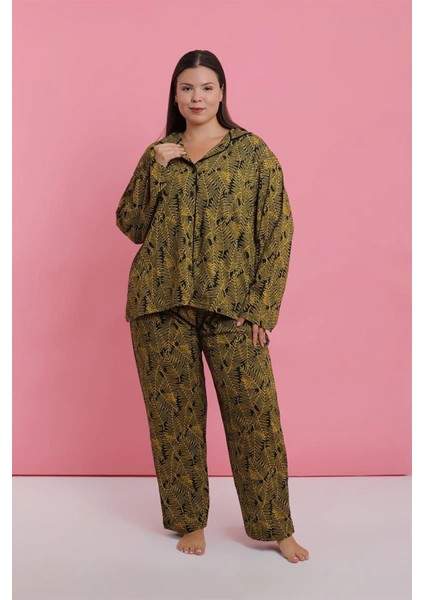 Kadın Büyük Beden Tropikal Yaprak Desenli Düğmeli Pijama Takımı fırsatları