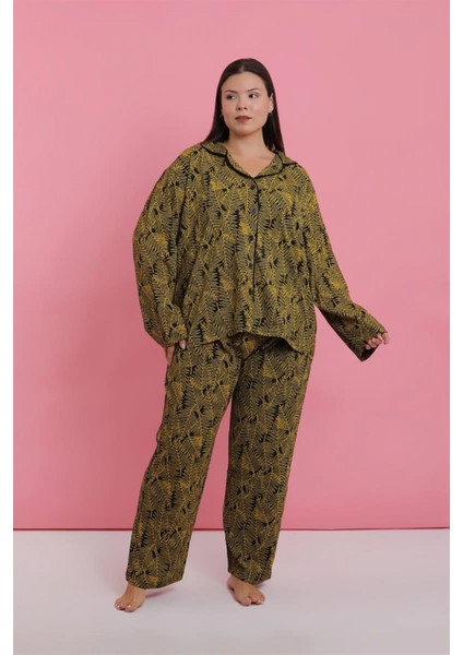 Kadın Büyük Beden Tropikal Yaprak Desenli Düğmeli Pijama Takımı indirimleri