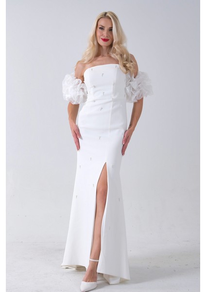 Beyaz Inci Işlemeli Balon Kol Straplez Abiye Elbise 0801011.15