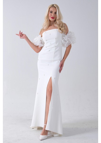 Beyaz Inci Işlemeli Balon Kol Straplez Abiye Elbise 0801011.15 fiyatları