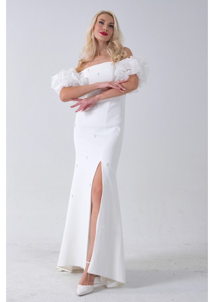 Beyaz Inci Işlemeli Balon Kol Straplez Abiye Elbise 0801011.15 modelleri