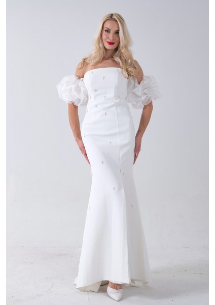 Beyaz Inci Işlemeli Balon Kol Straplez Abiye Elbise 0801011.15 fırsatları