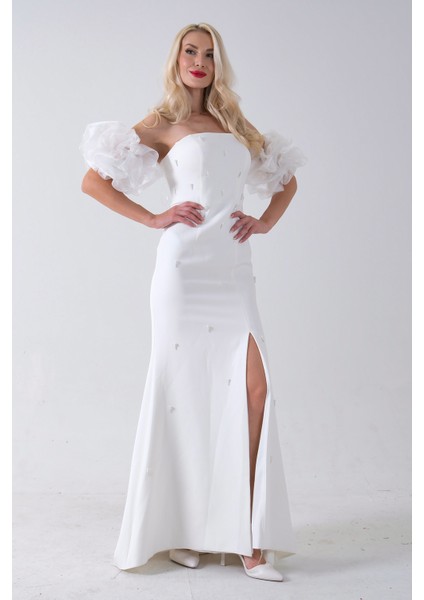 Beyaz Inci Işlemeli Balon Kol Straplez Abiye Elbise 0801011.15 indirimleri