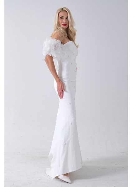 Beyaz Inci Işlemeli Balon Kol Straplez Abiye Elbise 0801011.15