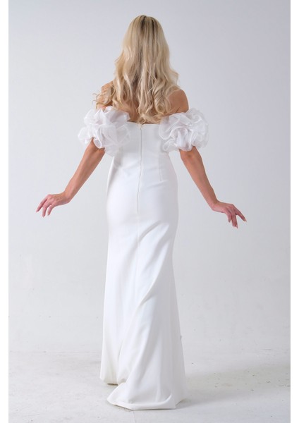 Beyaz Inci Işlemeli Balon Kol Straplez Abiye Elbise 0801011.15