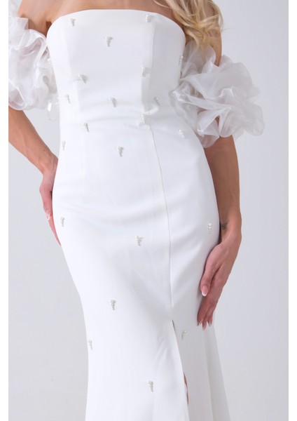 Beyaz Inci Işlemeli Balon Kol Straplez Abiye Elbise 0801011.15