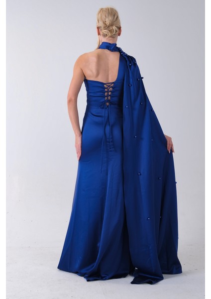 Saks Yaka Kuşak Detaylı Tek Omuz Abiye 0801099.26