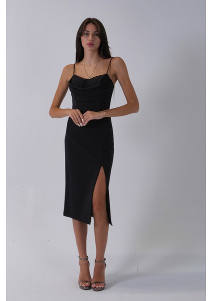 Siyah Ip Askılı Yırtmaç Detaylı Midi Boy Abiye 0801078.01 modelleri