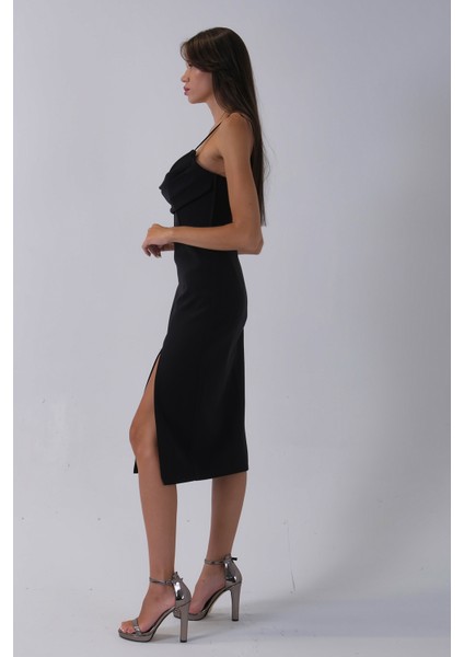 Siyah Ip Askılı Yırtmaç Detaylı Midi Boy Abiye 0801078.01 fırsatları