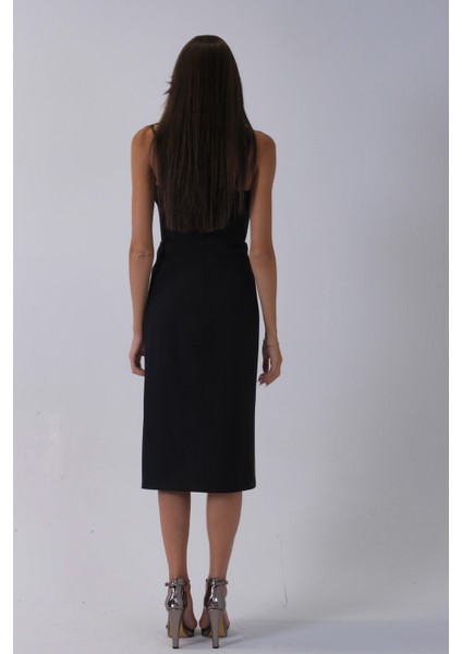 Siyah Ip Askılı Yırtmaç Detaylı Midi Boy Abiye 0801078.01