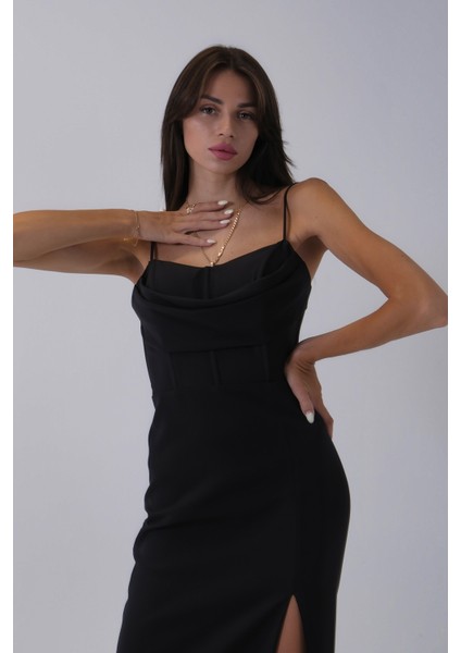 Siyah Ip Askılı Yırtmaç Detaylı Midi Boy Abiye 0801078.01