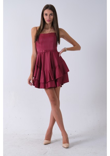 Bordo Ip Askılı Bel Kemer Bağlamalı Mini Boy Abiye 0802004.04