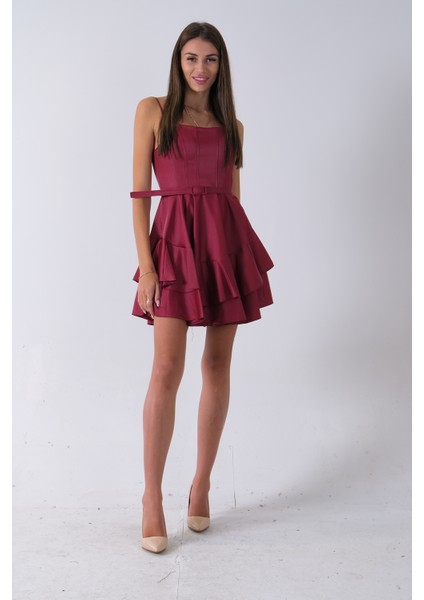 Bordo Ip Askılı Bel Kemer Bağlamalı Mini Boy Abiye 0802004.04 modelleri