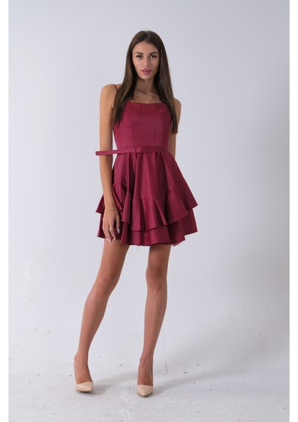 Bordo Ip Askılı Bel Kemer Bağlamalı Mini Boy Abiye 0802004.04