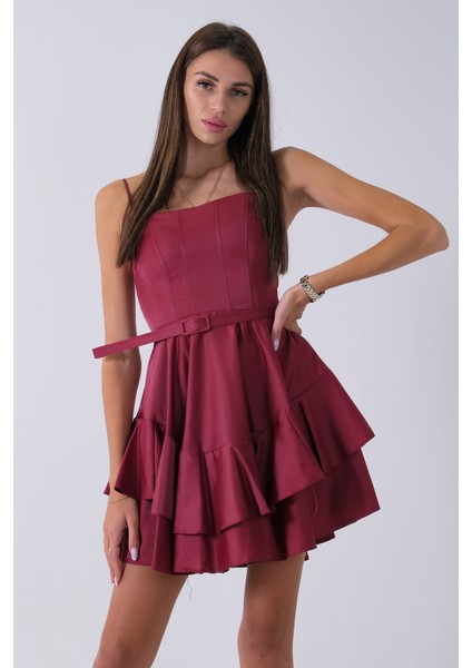 Bordo Ip Askılı Bel Kemer Bağlamalı Mini Boy Abiye 0802004.04