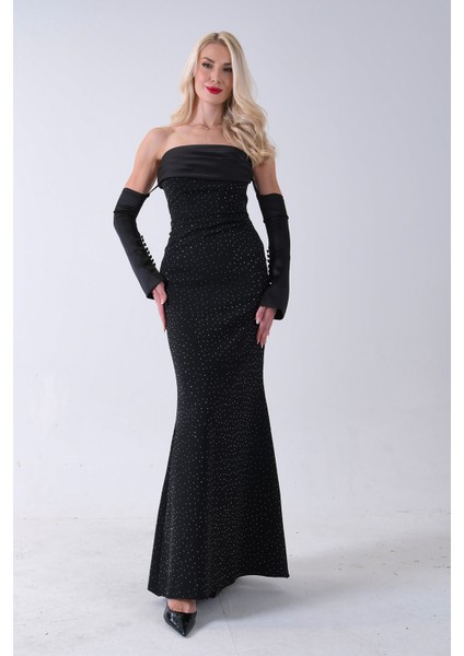 Siyah Drapeli Üzeri Işıltı Nokta Detaylı Kollu Abiye 0802502.01