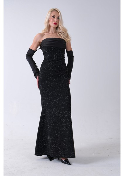 Siyah Drapeli Üzeri Işıltı Nokta Detaylı Kollu Abiye 0802502.01 modelleri